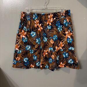 Lands End Floral Skirt‎ Tropical Blue Orange Brown Elastic Waist (Medium 10/12)